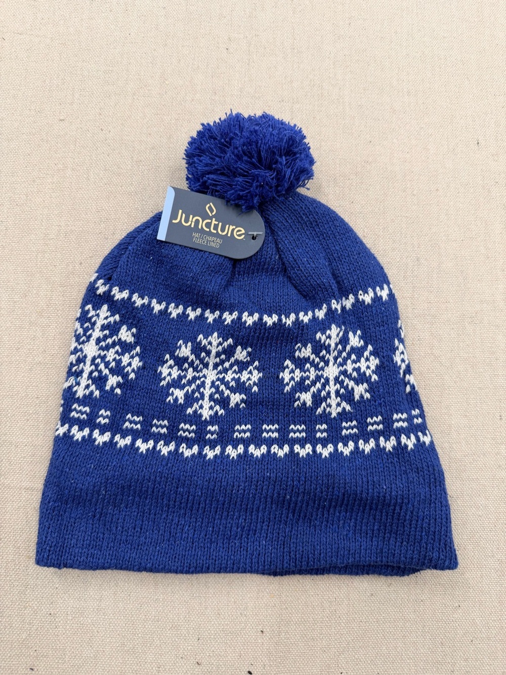 Blue Pom Beanie with Snowflake Pattern